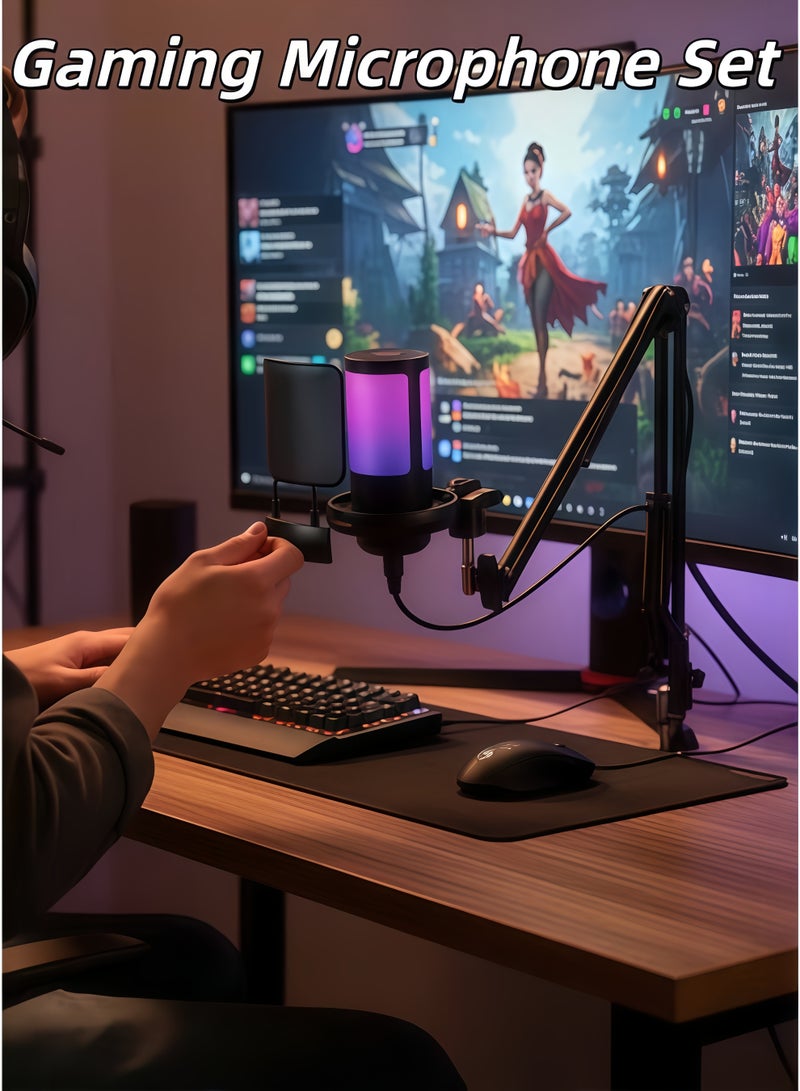 XiuWoo Gaming Microphone Set, USB PC Mic for Podcasts Videos, Streaming, Condenser Mic with Quick Mute, Tripod Stand, Pop Filter, RGB Indicator, Shock Mount, Rotate gain button,with RGB Light, Compatible with PS4/5/PC (Black) - Image 1